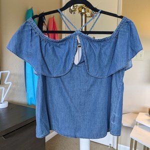 Cutout Denim Ruffle Top | Size S